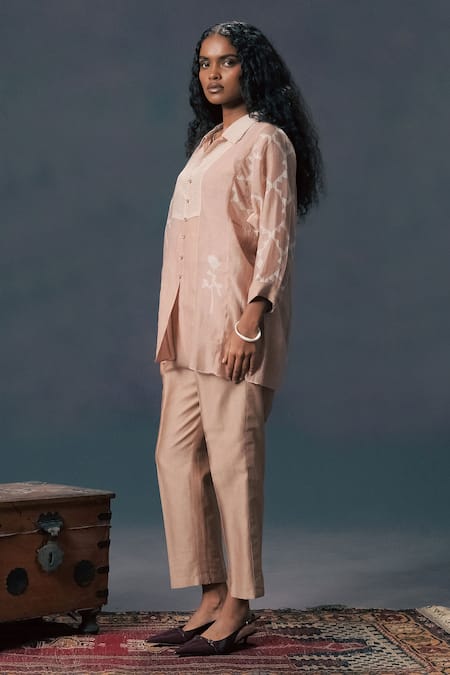 Shop_Arcvsh By Pallavi Singh_Beige Chanderi Embroidery Collared Mocha Mousse Discharge Print Shirt  _Online_at_Aza_Fashions