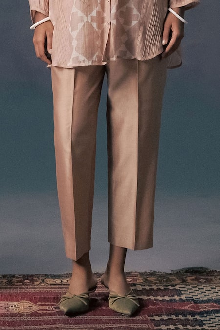 Arcvsh By Pallavi Singh Beige Chanderi Embroidery Round Neck Mocha Mousse Pin Tuck Shirt And Pant Set Online at Aza Fashions Arcvsh By Pallavi Singh_Beige Chanderi Embroidery Round Neck Mocha Mousse Pin Tuck Shirt And Pant Set _Online_at_Aza_Fashions