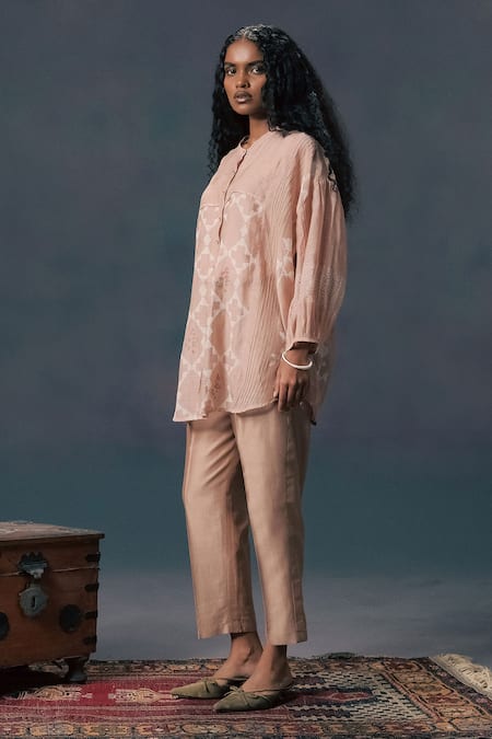 Buy Arcvsh By Pallavi Singh Beige Chanderi Embroidery Round Neck Mocha Mousse Pin Tuck Shirt And Pant Set Online at Aza Fashions Buy_Arcvsh By Pallavi Singh_Beige Chanderi Embroidery Round Neck Mocha Mousse Pin Tuck Shirt And Pant Set _Online_at_Aza_Fashions