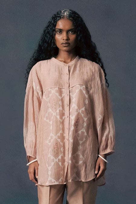 Arcvsh By Pallavi Singh_Beige Chanderi Embroidery Mandarin Mocha Mousse Discharge Print Shirt And Slip _Online_at_Aza_Fashions