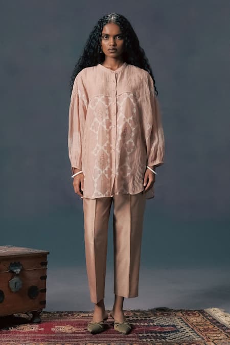 Shop_Arcvsh By Pallavi Singh_Beige Chanderi Embroidery Mandarin Mocha Mousse Discharge Print Shirt And Slip _Online_at_Aza_Fashions