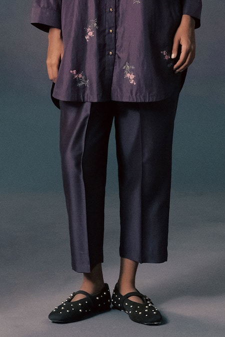 Arcvsh By Pallavi Singh_Lavender Silk, Chanderi Embroidery Collared Rose Print Shirt And Pant Set _Online_at_Aza_Fashions