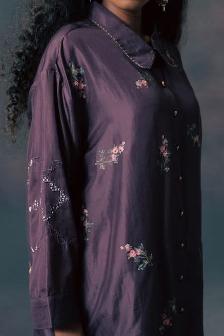 Buy_Arcvsh By Pallavi Singh_Lavender Silk, Chanderi Embroidery Collared Rose Print Shirt And Pant Set _Online_at_Aza_Fashions