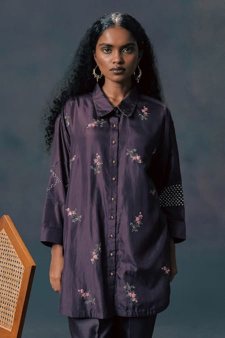 Shop_Arcvsh By Pallavi Singh_Lavender Silk, Chanderi Embroidery Collared Rose Print Shirt And Pant Set _Online_at_Aza_Fashions
