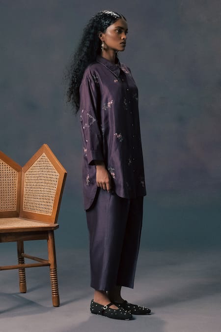 Arcvsh By Pallavi Singh_Lavender Silk, Chanderi Embroidery Collared Rose Print Shirt And Pant Set _at_Aza_Fashions