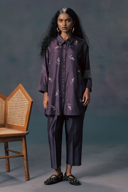 Buy_Arcvsh By Pallavi Singh_Lavender Silk Embroidery Collared Rose Print Drop Shoulder Shirt _Online_at_Aza_Fashions