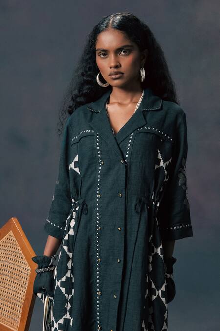 Arcvsh By Pallavi Singh_Green Linen Embroidery Collared Shirt Dress _Online_at_Aza_Fashions