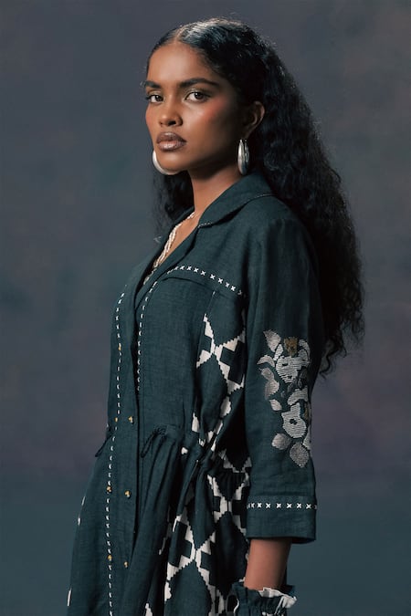 Buy_Arcvsh By Pallavi Singh_Green Linen Embroidery Collared Shirt Dress _Online_at_Aza_Fashions