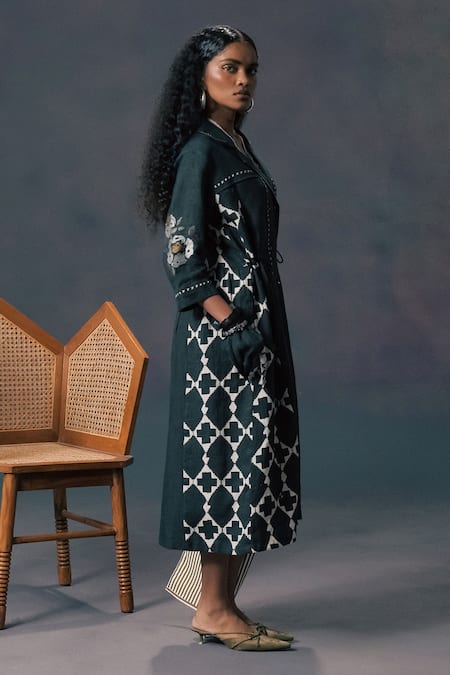 Shop_Arcvsh By Pallavi Singh_Green Linen Embroidery Collared Shirt Dress _Online_at_Aza_Fashions