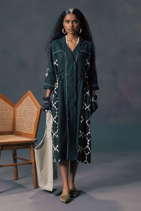 Arcvsh By Pallavi Singh Green Linen Embroidered Shirt Dress 