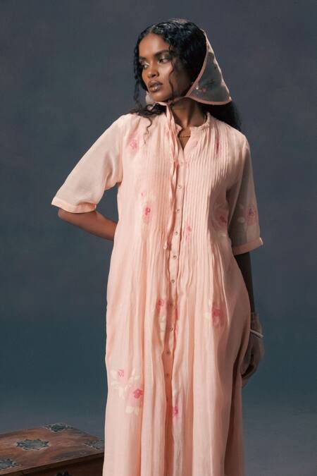 Arcvsh By Pallavi Singh_Pink Chanderi Embroidery Round Neck Front Pleated Dress _Online_at_Aza_Fashions