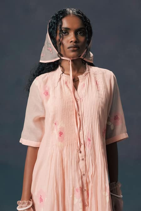 Buy_Arcvsh By Pallavi Singh_Pink Chanderi Embroidery Round Neck Front Pleated Dress _Online_at_Aza_Fashions