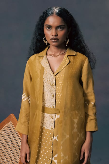 Arcvsh By Pallavi Singh_Green Linen, Organza Embroidery Collared Moss Double Layer Dress _Online_at_Aza_Fashions