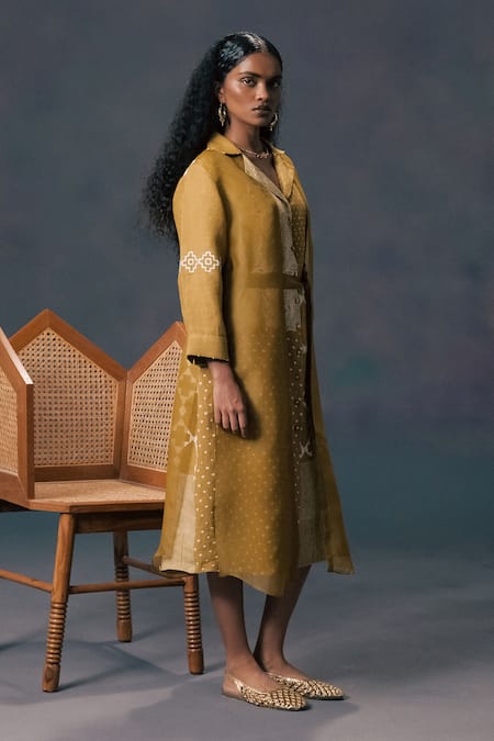 Shop_Arcvsh By Pallavi Singh_Green Linen, Organza Embroidery Collared Moss Double Layer Dress _Online_at_Aza_Fashions