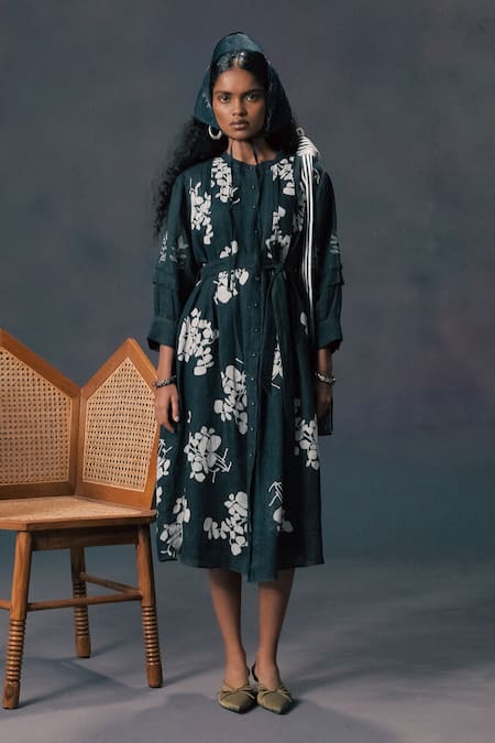 Arcvsh By Pallavi Singh Green Discharge Print Gauze Linen Dress 