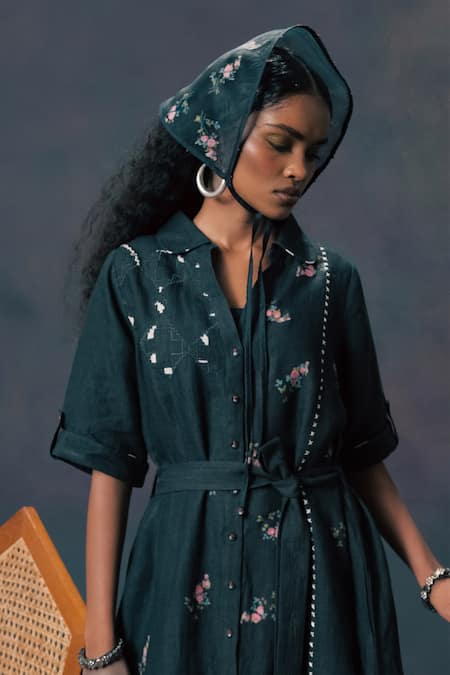 Arcvsh By Pallavi Singh_Green Linen Embroidery Collared Rose Print Dress _Online_at_Aza_Fashions