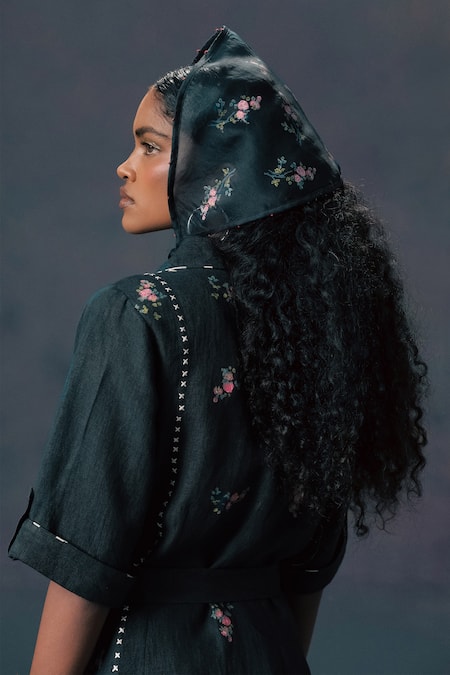 Buy_Arcvsh By Pallavi Singh_Green Linen Embroidery Collared Rose Print Dress _Online_at_Aza_Fashions