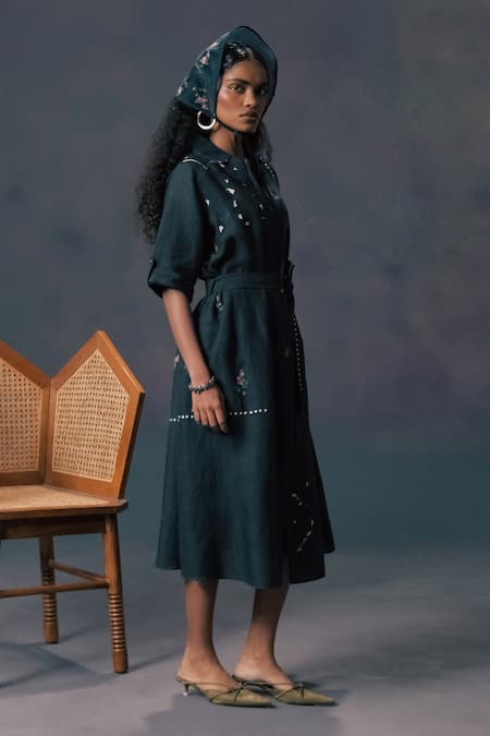 Shop_Arcvsh By Pallavi Singh_Green Linen Embroidery Collared Rose Print Dress _Online_at_Aza_Fashions