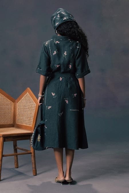 Arcvsh By Pallavi Singh Green Rose Print Linen Dress 