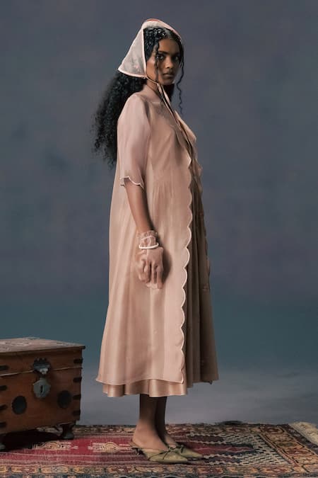 Arcvsh By Pallavi Singh_Beige Organza, Silk Embroidery Round Neck Scalloped Jacket And Dress Set _Online_at_Aza_Fashions