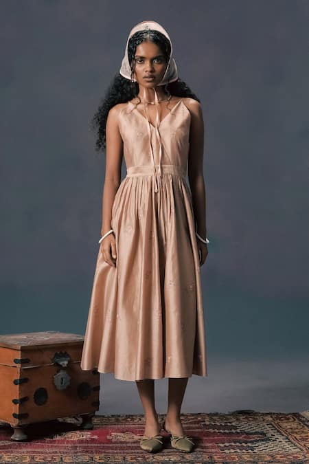 Buy_Arcvsh By Pallavi Singh_Beige Organza, Silk Embroidery Round Neck Scalloped Jacket And Dress Set _Online_at_Aza_Fashions