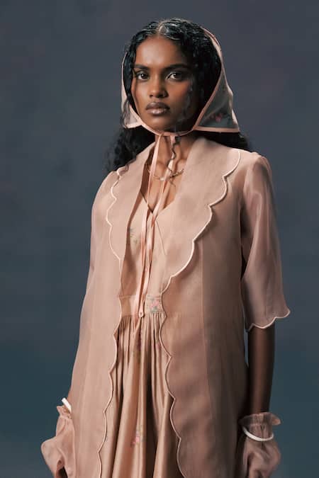Shop_Arcvsh By Pallavi Singh_Beige Organza, Silk Embroidery Round Neck Scalloped Jacket And Dress Set _Online_at_Aza_Fashions