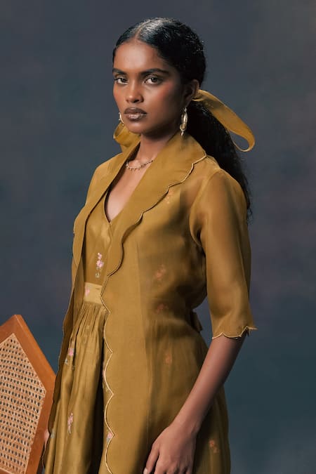 Shop_Arcvsh By Pallavi Singh_Green Organza, Silk, Chanderi Embroidery Round Neck, Scalloped Jacket And Dress _Online_at_Aza_Fashions