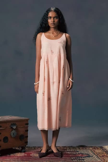 Arcvsh By Pallavi Singh_Pink Organza, Chanderi Embroidery Round Neck Old Rose Jacket And Dress Set _Online_at_Aza_Fashions