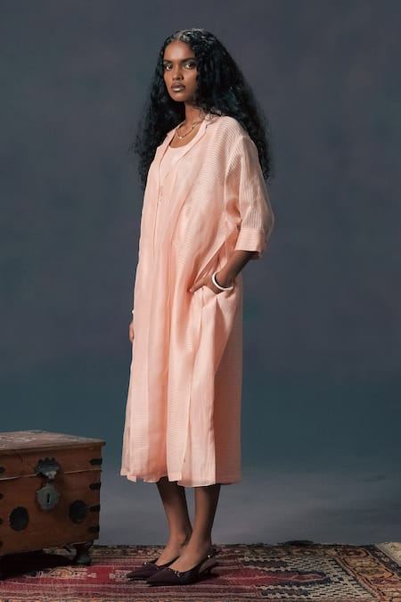 Buy_Arcvsh By Pallavi Singh_Pink Organza, Chanderi Embroidery Round Neck Old Rose Jacket And Dress Set _Online_at_Aza_Fashions