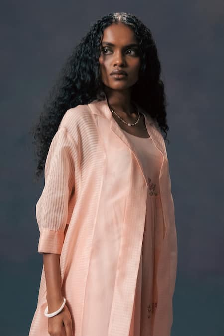 Shop_Arcvsh By Pallavi Singh_Pink Organza, Chanderi Embroidery Round Neck Old Rose Jacket And Dress Set _Online_at_Aza_Fashions