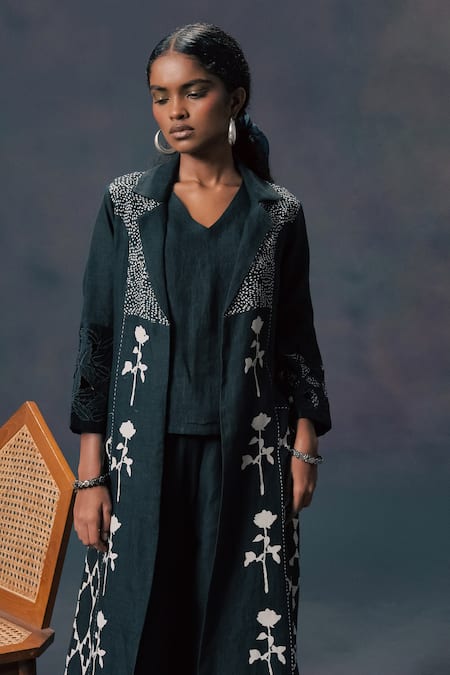 Arcvsh By Pallavi Singh_Green Linen Embroidery Collared, V-neck Discharge Print Jacket Set _Online_at_Aza_Fashions