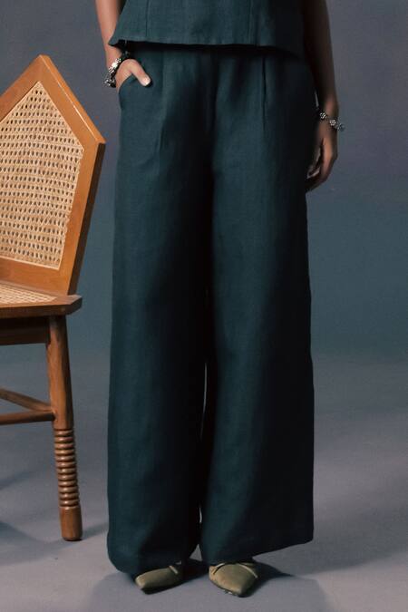 Arcvsh By Pallavi Singh_Green Silk, Chanderi, Linen Embroidery Open Neck, Set _Online_at_Aza_Fashions