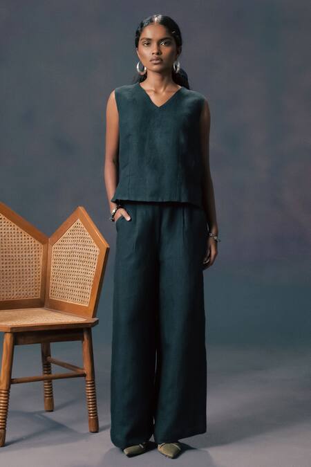 Shop_Arcvsh By Pallavi Singh_Green Silk, Chanderi, Linen Embroidery Open Neck, Set _Online_at_Aza_Fashions