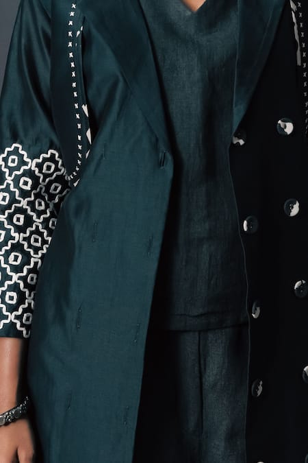 Arcvsh By Pallavi Singh_Green Silk, Chanderi, Linen Embroidery Open Neck, Set _at_Aza_Fashions