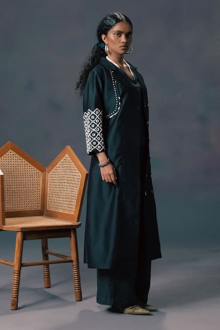 Buy_Arcvsh By Pallavi Singh_Green Silk, Chanderi, Linen Embroidery Open Neck, Set 