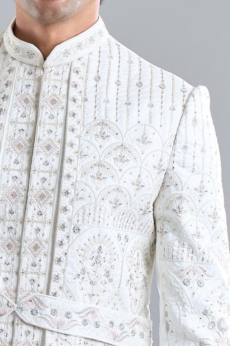 Arihant Rai Sinha_Cream Silk Sequins, Embroidery Floral Sherwani Set _Online_at_Aza_Fashions