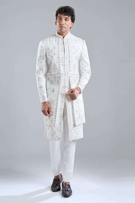 Buy_Arihant Rai Sinha_Cream Silk Sequins, Embroidery Floral Sherwani Set _Online_at_Aza_Fashions
