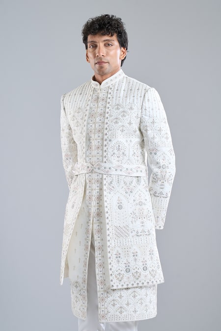 Shop_Arihant Rai Sinha_Cream Silk Sequins, Embroidery Floral Sherwani Set _Online_at_Aza_Fashions