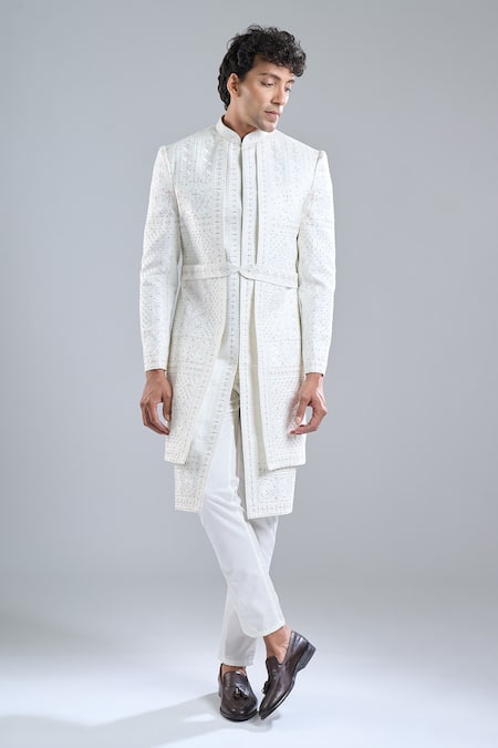 Shop_Arihant Rai Sinha_Cream Silk Embroidery Floral Sherwani Pant Set _Online_at_Aza_Fashions