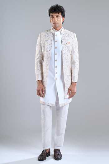 Arihant Rai Sinha_White Silk Embroidery Leaf Sherwani Kurta Set _Online_at_Aza_Fashions