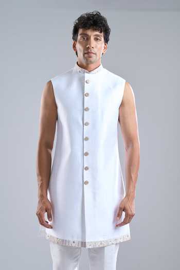 Buy_Arihant Rai Sinha_White Silk Embroidery Leaf Sherwani Kurta Set _Online_at_Aza_Fashions