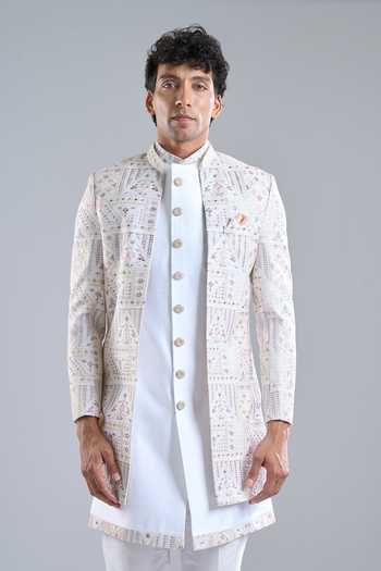 Shop_Arihant Rai Sinha_White Silk Embroidery Leaf Sherwani Kurta Set _Online_at_Aza_Fashions