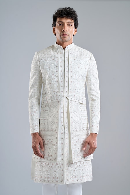 Arihant Rai Sinha Cream Silk Embroidery Stripe Sherwani Set Online at Aza Fashions Arihant Rai Sinha_Cream Silk Embroidery Stripe Sherwani Set _Online_at_Aza_Fashions
