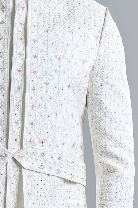 Buy Arihant Rai Sinha Cream Silk Embroidery Stripe Sherwani Set Online at Aza Fashions Buy_Arihant Rai Sinha_Cream Silk Embroidery Stripe Sherwani Set _Online_at_Aza_Fashions