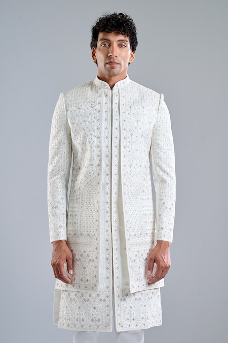 Shop Arihant Rai Sinha Cream Silk Embroidery Stripe Sherwani Set Online at Aza Fashions Shop_Arihant Rai Sinha_Cream Silk Embroidery Stripe Sherwani Set _Online_at_Aza_Fashions