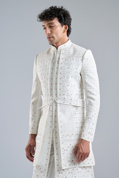 Arihant Rai Sinha Cream Silk Embroidery Stripe Sherwani Set at Aza Fashions Arihant Rai Sinha_Cream Silk Embroidery Stripe Sherwani Set _at_Aza_Fashions