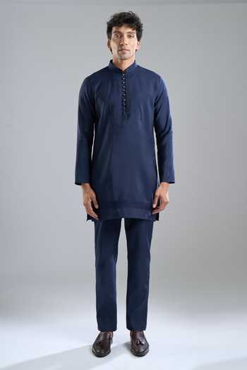 Shop_Arihant Rai Sinha_Blue Silk Embroidery Sherwani Kurta Set _Online_at_Aza_Fashions
