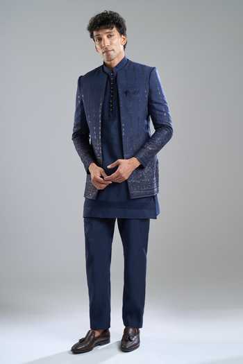 Arihant Rai Sinha_Blue Silk Embroidery Sherwani Kurta Set _at_Aza_Fashions