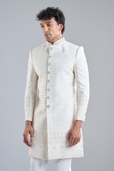 Arihant Rai Sinha Cream Satin Embroidery Geometric Sherwani Set Online at Aza Fashions Arihant Rai Sinha_Cream Satin Embroidery Geometric Sherwani Set _Online_at_Aza_Fashions
