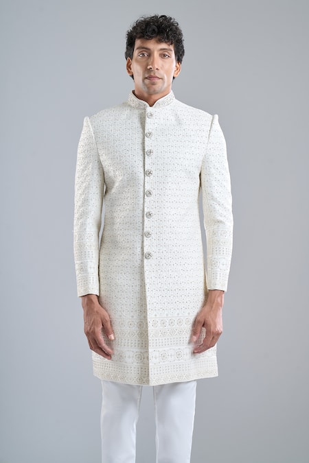 Shop Arihant Rai Sinha Cream Satin Embroidery Geometric Sherwani Set Online at Aza Fashions Shop_Arihant Rai Sinha_Cream Satin Embroidery Geometric Sherwani Set _Online_at_Aza_Fashions